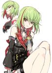  1girl bare_shoulders breasts c.c. code_geass creayus detached_sleeves green_hair highres looking_at_viewer multicolored_hair red_hair shirt short_hair simple_background smile solo yellow_eyes 