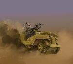  2023 ambiguous_gender anthro banoncat canid canine canis clothing desert dingo driving duo dust_cloud hi_res looking_ahead male mammal military_uniform military_vehicle mounted_gun steering_wheel uniform 