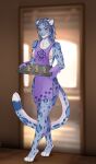  2024 4_toes absurd_res anthro apron apron_only areola bethesda_game_studios blue_body blue_eyes blue_hair blue_spots blurred_background breasts chest_tuft clothing cookie cooking_tray detailed_background digital_media_(artwork) entering_room facial_markings feet felid feline female food fur furniture grey_body grey_fur hair handwear head_markings hi_res holding_tray inner_ear_fluff inside khajiit kiss_the_cook leopard looking_at_viewer m&#039;ria_(maks_hunt) mammal markings microsoft mittens nimari nipples pantherine pawprint_apron pawprint_print smile snow_leopard solo spots spotted_body spotted_fur tail text the_elder_scrolls toes tuft white_body white_fur window 