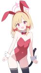  1girl absurdres animal_ears black_thighhighs blonde_hair blue_archive blush bow breasts cat_tail covered_navel cowboy_shot detached_collar fake_animal_ears grin hair_bow halo highres jyt leotard looking_at_viewer momoi_(blue_archive) open_mouth pink_halo rabbit_ears red_bow red_eyes red_leotard short_hair simple_background small_breasts smile solo strapless strapless_leotard tail thighhighs white_background wrist_cuffs 