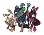  3girls :d animal_ears arm_up arrow_(projectile) barefoot black_dress black_hair black_hat blue_eyes blue_ribbon blunt_bangs bow bow_(weapon) brown_eyes capelet chibi closed_mouth colored_shadow commentary crescent dark-skinned_female dark_skin drawing_bow dress drop_shadow ears_through_headwear english_commentary expressionless foot_wraps full_body greatsword green_hair hair_ribbon hat hat_bow heavyblade_rabbit holding holding_bow_(weapon) holding_staff holding_sword holding_weapon long_hair long_sleeves looking_afar looking_to_the_side medium_bangs multiple_girls open_mouth pink_bow pink_ribbon purple_capelet purple_eyes rabbit_and_steel rabbit_ears rabbit_girl ribbon shadow simple_background slascoplerd sleeveless sleeveless_dress smile sniper_rabbit staff sword very_long_hair weapon white_background white_bow white_dress white_hair witch_hat wizard_rabbit 