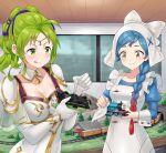  2girls blue_hair braid commission detached_collar fire_emblem fire_emblem:_the_sacred_stones fire_emblem_fates forehead_jewel gradient_hair green_eyes green_hair highres igni_tion l&#039;arachel_(fire_emblem) licking_lips lilith_(fire_emblem) multicolored_hair multiple_girls railroad_tracks red_hair single_braid thomas_the_tank_engine tongue tongue_out 