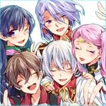  3boys a-drei black_hair braid brown_hair closed_eyes kakumeiki_valvrave l-elf lieselotte_w_dorssia long_hair lowres military military_uniform multiple_boys multiple_girls naho_(pi988y) one_eye_closed open_mouth pink_hair purple_eyes purple_hair rukino_saki short_hair silver_hair smile tokishima_haruto twintails uniform v white_background 