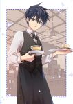  1boy :o barista blue_eyes blue_hair chair collared_shirt cup highres indoors kageyama_ritsu long_sleeves maa_ohg mob_psycho_100 out_of_frame outside_border shirt solo spiked_hair table white_shirt 