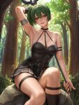  1girl armpits artist_name bare_shoulders belt black_belt black_dress black_socks breasts choker dress forest green_hair hair_between_eyes highres kneehighs large_breasts long_hair looking_at_viewer nature outdoors purple_eyes sciamano240 shiny_skin short_dress side_ponytail smile socks solo sousou_no_frieren teeth ubel_(sousou_no_frieren) 