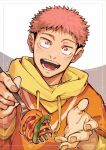  1boy absurdres blurry border depth_of_field feeding food fork highres hood hoodie incoming_food itadori_yuuji jujutsu_kaisen looking_at_viewer male_focus open_mouth orange_eyes orange_vest pasta pink_hair ru_to_bi smile solo spaghetti teeth tongue undercut upper_body vest yellow_hoodie 