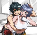  2girls abs ahoge bandaged_hand bandages bare_shoulders black_hair boxing_ring breasts character_request cleavage clenched_hand collarbone crop_top fang fingernails green_eyes grey_hair gym highres hug hug_from_behind huge_breasts medium_hair messy_hair midriff mole mole_under_mouth multiple_girls muscular muscular_female navel original pale_skin rggr shadow shirt short_hair siblings sideboob sisters sketch_background smug surprised tan thick_eyebrows tomboy toned tongue tora_(rggr) white_shirt 