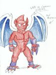  capcom capcom_vs._snk comicfiruko demon demon&#039;s_crest empty_eyes featureless_chest featureless_crotch firebrand gargoyle gargoyle&#039;s_quest ghosts_&#039;n_goblins humanoid_pointy_ears male membrane_(anatomy) membranous_wings muscular muscular_male nude red_arremer red_body smile solo text traditional_media_(artwork) wings 