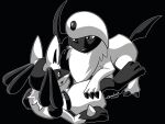  absol ambiguous/ambiguous ambiguous_gender anthro black_and_white blush claws duo eye_contact feral fur generation_3_pokemon generation_4_pokemon groudus looking_at_another lucario lying mammal monochrome nintendo on_back on_top open_mouth pokemon pokemon_(species) white_body white_fur 
