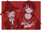  2girls :o blush bow bowtie brown_hair closed_eyes collarbone danganronpa_(series) danganronpa_v3:_killing_harmony facing_viewer frown gem_hair_ornament grey_bow grey_bowtie hair_ornament hairclip harukawa_maki hat jacket long_hair low_twintails mole mole_under_eye morning_(d0nteat) multiple_girls open_clothes open_jacket red_eyes red_hair red_shirt sailor_collar shirt star_(symbol) star_print twintails upper_body witch_hat yawning yumeno_himiko 