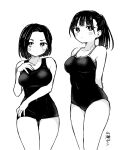  2girls arms_behind_back bare_legs blush boku_no_kokoro_no_yabai_yatsu breasts bright_pupils forehead greyscale highres large_breasts long_hair looking_at_viewer monochrome mother_and_daughter multiple_girls ponytail school_swimsuit short_hair signature simple_background swimsuit white_background yamada_anna yamada_sanae_(bokuyaba) zeroasann 