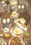  1girl ahoge bra_strap bread brown_hair butter_knife cat chair closed_eyes coffee coffee_mug cup flying_sweatdrops food fork fried_egg frying_pan highres holding holding_frying_pan mug original pepper_shaker plate sausage shimarisu_yukichi sitting solo speech_bubble spoken_emoji spoon table 