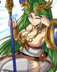  1girl absurdres ancient_greek_clothes armlet bare_shoulders breasts chain chiton circlet cleavage collarbone commentary diadem dress forehead_jewel gold_chain greco-roman_clothes green_eyes green_hair highres holding holding_staff jewelry kid_icarus kid_icarus_uprising large_breasts long_hair moxydraws neck_ring one_eye_closed palutena parted_bangs pendant shorts_under_dress single_thighhigh solo staff strapless strapless_dress thighhighs tiara vambraces very_long_hair white_dress white_thighhighs 