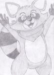 anthro black_nose facial_markings fur fur_markings graphite_(artwork) grey_body head_markings indigo_park kerchief kerchief_only male markings mostly_nude neckerchief neckerchief_only open_mouth open_smile rambley_raccoon smile solo tail tail_markings traditional_media_(artwork) vulnec