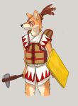  2021 anthro asian_clothing axe banoncat bottomless bottomless_anthro bottomless_male canid canine clothed clothing east_asian_clothing fox fur hair holding_axe holding_object holding_shield holding_weapon japanese_armor japanese_clothing looking_aside male mammal markings multicolored_body multicolored_fur ponytail shield simple_background solo tribal tribal_markings two_tone_body two_tone_fur weapon 