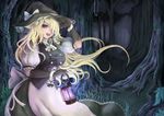 blonde_hair bow braid breasts dress forest forest_of_magic gloves hair_bow hair_over_one_eye hat hat_bow kirisame_marisa lantern large_breasts long_hair nature open_mouth purple_eyes solo tonta touhou tree very_long_hair 