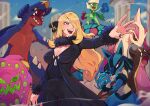  1girl absurdres black_coat black_collar black_eyes black_fur black_nails black_pants blonde_hair blue_fur blue_sky breasts bright_pupils cleavage coat collar cynthia_(pokemon) day diforland fur-trimmed_coat fur_collar fur_trim garchomp gastrodon gastrodon_(west) hair_over_one_eye highres large_breasts lucario milotic multicolored_fur open_mouth outdoors pants pokemon pokemon_(creature) pokemon_dppt red_eyes roselia_(pokemon) sharp_teeth sky spiritomb teeth upper_teeth_only v-neck white_pupils 