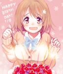  1girl amezawa_koma blush bow bowtie brown_eyes brown_hair cake cardigan drooling flower food fork fruit hair_flower hair_ornament happy_birthday holding holding_fork idolmaster idolmaster_cinderella_girls mimura_kanako open_mouth short_hair smile solo strawberry upper_body 