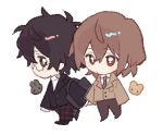  2boys akechi_gorou amamiya_ren black_eyes black_hair black_jacket black_necktie black_pants brown_hair brown_jacket brown_pants chibi chibi_only collared_shirt gelato1014 jacket male_focus multiple_boys necktie pants persona persona_5 red_eyes shirt short_hair simple_background white_background white_shirt 