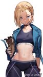  abs absurdres akisa_yositake blonde_hair blue_eyes cammy_white cat choker crop_top cropped_jacket gloves highres jacket navel pants scar scar_on_cheek scar_on_face short_hair solo street_fighter street_fighter_6 tank_top 