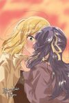  2girls artist_name black_choker black_hair blonde_hair blush brown_jacket choker commentary_request english_commentary green_eyes hair_ribbon highres izumi_shiho jacket kiss long_hair medium_hair mizuguchi_aki multiple_girls one_side_up purple_sweater ribbon sasayaku_you_ni_koi_wo_utau sweater upper_body yellow_ribbon yoruneko_(liampadolina) yuri 
