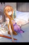  arm_support asuna_(sao) barefoot bed brown_eyes brown_hair legs letterboxed light_smile long_hair long_legs looking_back nightgown pillow sheath sitting strap_slip sword_art_online terric very_long_hair 