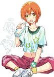  :d blush chibi green_eyes halo hoshizora_rin kousaka_honoka love_live! love_live!_school_idol_project midriff multiple_girls navel open_mouth orange_hair pants ran'ou_(tamago_no_kimi) shirt shoes short_hair sitting sketch smile sneakers solo_focus squirt_bottle sweat sweatpants t-shirt wristband yazawa_nico 