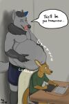  2018 2:3 5_fingers after_vore ambiguous_species anthro artist_name belly_on_head belly_overhang belt black_belt black_body black_bottomwear black_clothing black_fur black_shorts blue_hair blush blush_lines bodily_fluids bottomwear brown_body brown_fur canid canine canis clothed clothing computer death desk digestion digestion_noises drawing drawing_tablet electronics fatal_vore fingers fur furniture green_clothing green_shirt green_topwear grey_body grey_fur grey_pupils grey_wall group hair head_on_belly head_tuft hi_res holding_belly initials inside kangaroo karmashoal laptop licking licking_lips looking_down looking_down_at_another looking_pleasured macropod male male_pred mammal marsupial navel neck_tuft onomatopoeia partially_clothed post_vore_weight_gain pupils purple_bottomwear purple_clothing purple_shorts right-handed roommate saliva salivating scared scared_face shadow sharp_teeth shirt shorts size_difference sound_effects table tattoo teasing teeth text tin_(tinfyrebrand) tongue topwear trio tuft vore weight_gain white_text wolf 