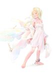  1girl barefoot bigrbear blonde_hair cuffs dress highres key long_hair looking_back open_mouth original shackles solo standing white_background white_dress yellow_eyes 