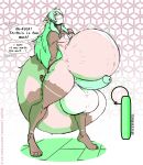  absurd_res ailurid anthro anuki balls belly belly_inflation big_balls big_belly erection genitals gozer_mocha green_hair hair hi_res huge_balls huge_belly inflation jewelry long_hair mammal necklace pain red_panda solo speech_bubble thick_thighs three-quarter_view wide_hips 
