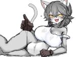  4:3 5_fingers :3 anthro big_breasts biped blush bodily_fluids breasts clothing clothing_pull colored_sketch cute_fangs domestic_cat felid feline felis female female_anthro fingers glistening glistening_body gloves grey_body grey_hair hair handwear hi_res inner_ear_fluff kamen_no_hito kemono mammal open_:3 open_mouth pupils safety_cat shirt sketch slit_pupils solo sweat tank_top thong topwear tuft underwear underwear_pull white_clothing white_shirt white_tank_top white_topwear yellow_sclera 