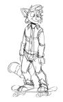  anthro black_and_white bottomwear clothing hi_res male mammal monochrome pants procyonid raccoon ringo_raccoon shirt simple_background skateboarding smile solo tinydeerguy topwear white_background 