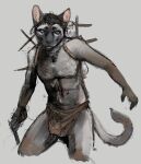  2023 anthro backpack banoncat banoncat_(character) bent_legs blue_eyes bottomwear clothed clothing domestic_cat felid feline felis fur grey_body grey_fur gun hair handgun hi_res loincloth loincloth_only looking_at_viewer male mammal multicolored_body multicolored_fur navel pose ranged_weapon revolver siamese simple_background solo stick topless two_tone_body two_tone_fur weapon 