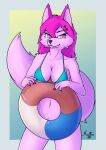  anthro bikini bikini_top blue_eyes breasts canid canine clothing female fox foxy_concept fur hair heart_eyes heart_symbol hi_res inflatable inner_tube looking_at_viewer mammal navel pink_body pink_eyes pink_hair simple_background smile solo swimwear tail 
