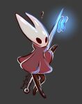  absurd_res ambiguous_gender arachnid arthropod blue_wings blush brown_body butterfly clothing dress exclamation_point feral floofyskydraws hi_res hollow_knight hornet_(hollow_knight) insect lepidopteran melee_weapon polearm raised_hand red_clothing red_dress simple_background solo spear spider team_cherry weapon white_head wings 