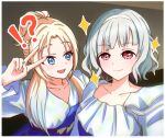  !? 2girls blonde_hair blue_dress blue_eyes blue_hair border closed_mouth collarbone colored_inner_hair commentary_request diagonal_bangs dress fang frilled_dress frills gradient_hair grey_hair hairband light_blue_hair link!_like!_love_live! long_hair looking_at_another looking_at_viewer love_live! multicolored_hair multiple_girls osawa_rurino parted_bangs ponytail red_eyes red_hair selfie short_hair smile sparkle split_mouth v v-shaped_eyebrows v_over_head virtual_youtuber white_border white_hairband white_sleeves yamanju yugiri_tsuzuri 