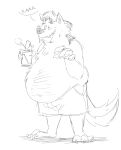  2024 anthro beverage_can bottomwear canid canine clothing english_text hairy happy hi_res male mammal mythological_canine mythological_creature mythology overweight readyadsen shorts sketch solo text were werecanid werecanine werewolf wide_hips 