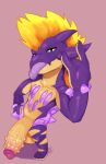 alternative_fashion amped_toxtricity anthro balls big_balls big_penis blonde_hair feet generation_8_pokemon genitals hair hand_on_hip hi_res littlerager looking_at_viewer male mohawk navel nintendo penis pokemon pokemon_(species) punk purple_body solo thick_penis tongue toxtricity