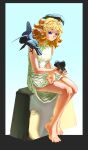  1girl absurdres animal animal_on_shoulder armor bare_arms bare_legs bare_shoulders barefoot bird bird_on_hand bird_on_shoulder blonde_hair blue_background bright_pupils crow dress dungeon_meshi elf fleki full_body gradient_background highres jiachong044 long_hair notched_ear outside_border pointy_ears purple_eyes sitting sleeveless sleeveless_dress smile uniform white_dress 