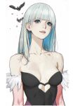  1girl aegyo_sal bare_shoulders bat_(animal) black_bodysuit blue_eyes blue_hair blunt_bangs bodysuit breasts breasts_apart character_request collarbone colored_inner_hair commentary copyright_request d.k detached_sleeves english_commentary feather_sleeves hair_behind_ear linea_alba looking_at_viewer medium_breasts multicolored_hair open_mouth pink_sleeves skin_tight solo straight_hair teeth upper_body upper_teeth_only white_hair 