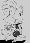  annoyed anthro apsel_bluestar blaze_the_cat bottomwear butt chakram claws clothing crop_top dialogue domestic_cat fangs feet felid feline felis female hair hi_res kneeling line_art looking_back mammal monochrome ponytail sega shirt shorts sitting solo sonic_the_hedgehog_(series) speech_bubble tail teeth toe_claws topwear 