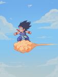  1boy black_hair blue_sky child cloud cloudy_sky commentary dated_commentary day dragon_ball highres male_focus meteorstaar outdoors short_hair sky smile solo son_goku spiked_hair staff 