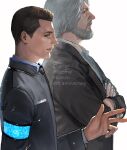  2boys android arm_rest beard black_jacket connor_(detroit) crossed_arms daichi_midori detroit:_become_human english_text facial_hair hank_anderson jacket multiple_boys necktie profile 