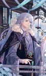  1boy absurdres blue_hair braid cape chinese_clothes fur_trim genshin_impact hanfu highres jade_(gemstone) kamisato_ayato lantern long_hair long_sleeves male_focus mole mole_under_mouth parted_lips purple_eyes railing solo tassel yanan882 