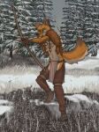 2021 aiming_at_another anthro arrow_(weapon) banoncat blue_sclera bottomwear bow_(weapon) canid canine clothing crotchless_bottomwear crotchless_clothing crotchless_pants fox fur_collar hi_res holding_object holding_weapon jewelry loincloth male mammal navel one_leg_up outside pants plant raised_leg raised_tail ranged_weapon snow solo standing tail tree tribal tribal_clothing tribal_jewelry weapon 