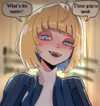  1girl basedbinkie blonde_hair blue_eyes blue_hair blue_shirt blurry blurry_background blush colored_inner_hair english_text flayne_(basedbinkie) highres long_sleeves meme multicolored_hair original pov_cheek_grabbing_(meme) shirt short_hair speech_bubble strangling sweat teeth upper_body 