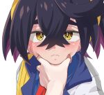  1boy 1other bishounen blush commentary_request disembodied_hand hair_between_eyes hand_on_another&#039;s_face highres kieran_(pokemon) looking_at_viewer male_focus mapi921818 meme pokemon pov_cheek_grabbing_(meme) short_hair simple_background solo yellow_eyes 