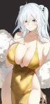  1girl alternate_costume animal_ear_piercing animal_ears black_background breasts cleavage collarbone ear_piercing gold_dress grey_eyes grey_hair highres hololive jewelry large_breasts lion_ears lion_girl necklace piercing riu_play shishiro_botan simple_background solo 