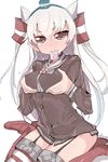  amatsukaze_(kantai_collection) bad_id bad_pixiv_id breast_hold breasts brown_eyes condom condom_in_mouth hair_tubes kantai_collection long_hair looking_at_viewer mouth_hold osuman_toruko simple_background sitting solo thighhighs two_side_up wariza white_background white_hair 