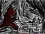 anthro belt book candle cave dim_lighting duo horn kobold male qopdop simple_coloring simple_eyes simple_face sitting sitting_on_ground stalactite